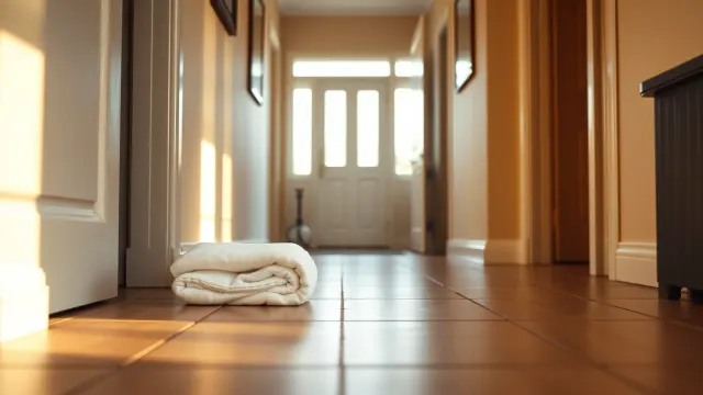 British hallway with towels against door during drain emergency