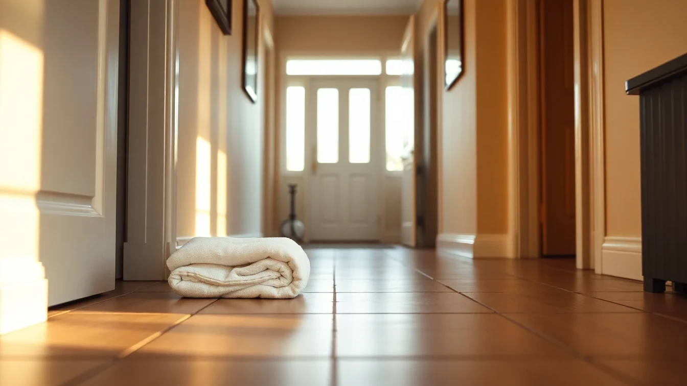British hallway with towels against door during drain emergency
